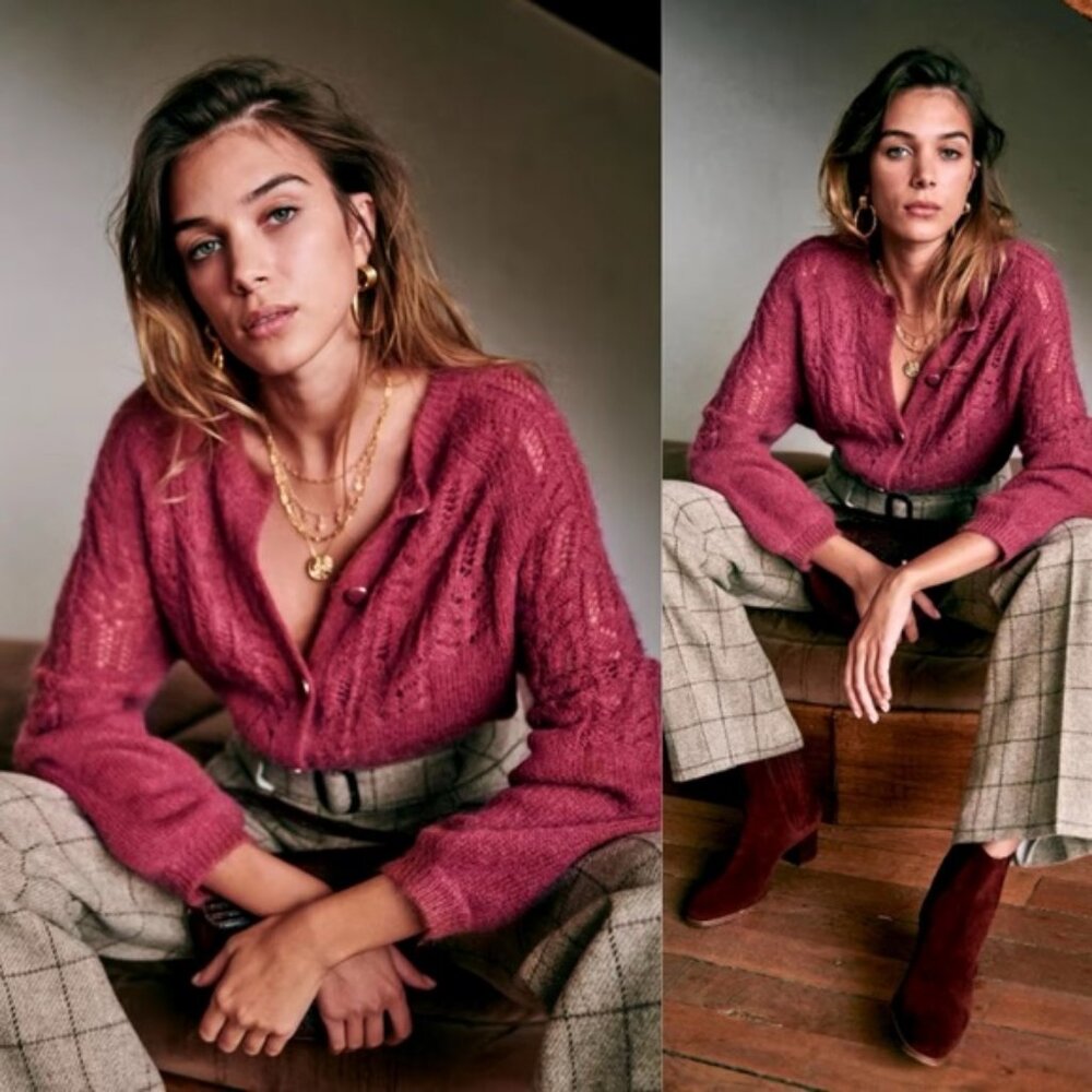 Sezane Tonio Mohair Merino Wool Sweater Cardigan Knit Berry Size Small French S